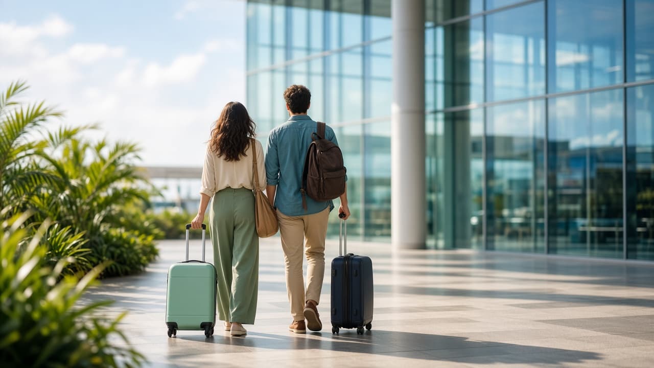 Travelers with carry-on bags arriving at a bright airport terminal