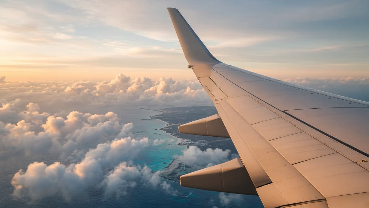 Airplane wing above clouds and a turquoise coastline at golden hour